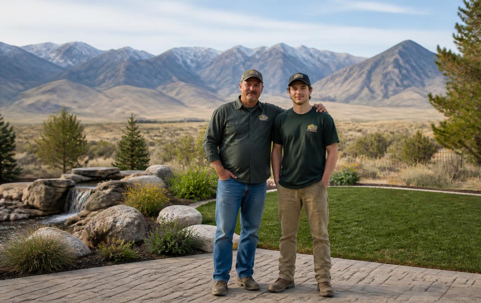 Two generations of the JP Landscaping crew in a finished Nevada yard