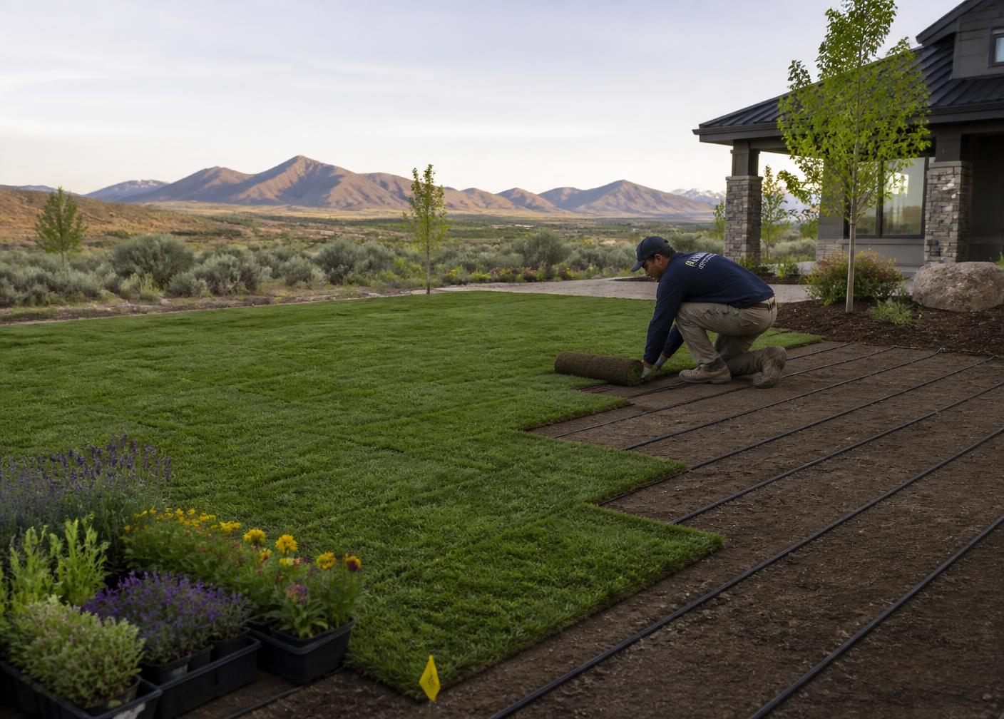 Fresh sod being laid over graded soil with irrigation lines
