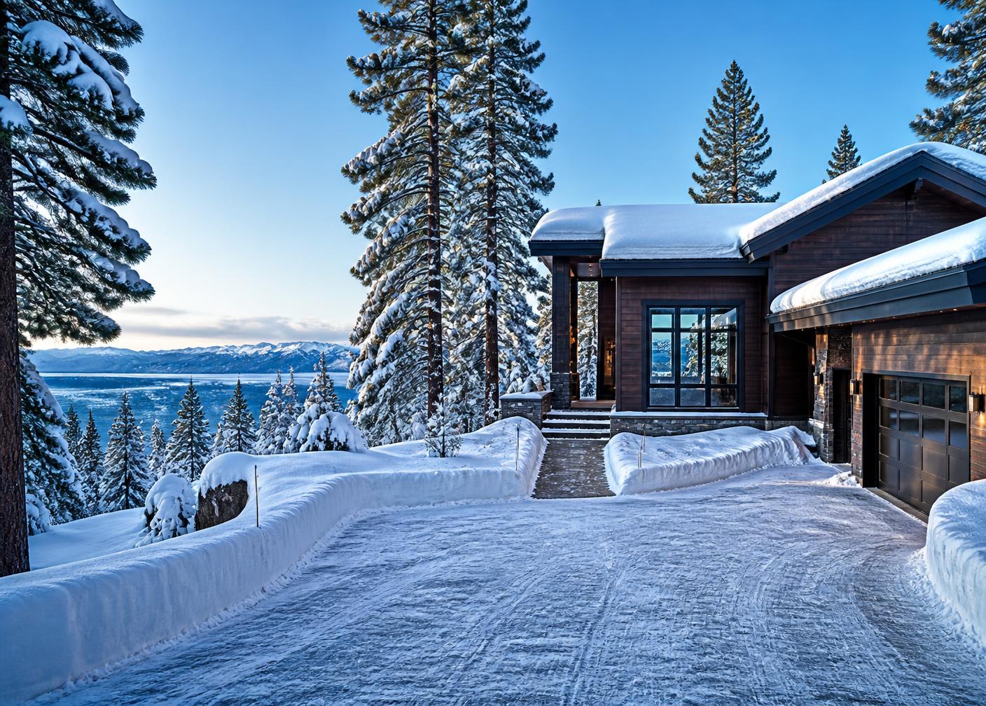 Freshly plowed driveway at a snowy Tahoe home