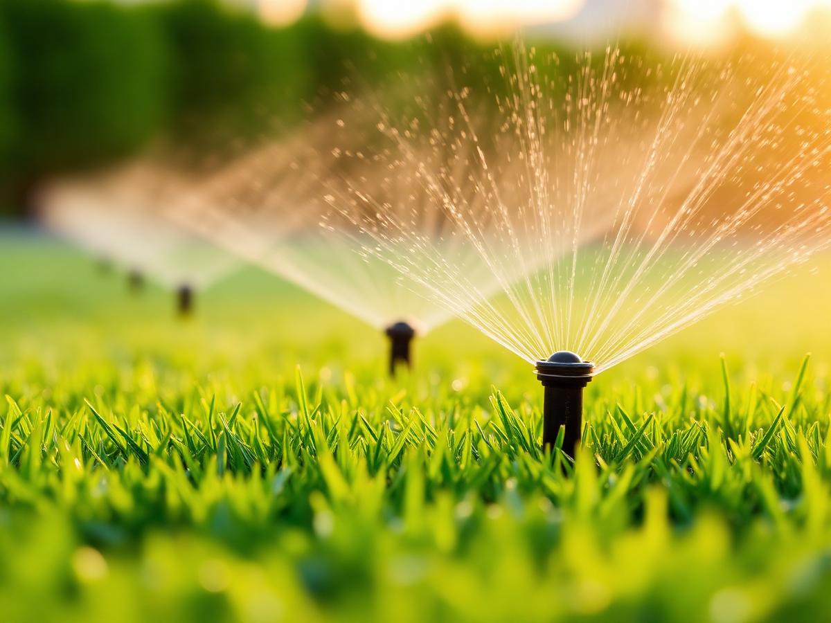 Irrigation sprinklers watering a green lawn at dawn
