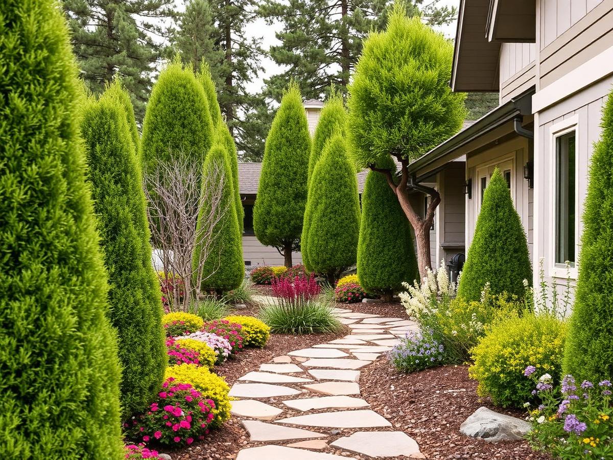 Pruned trees and seasonal plantings along a stone path