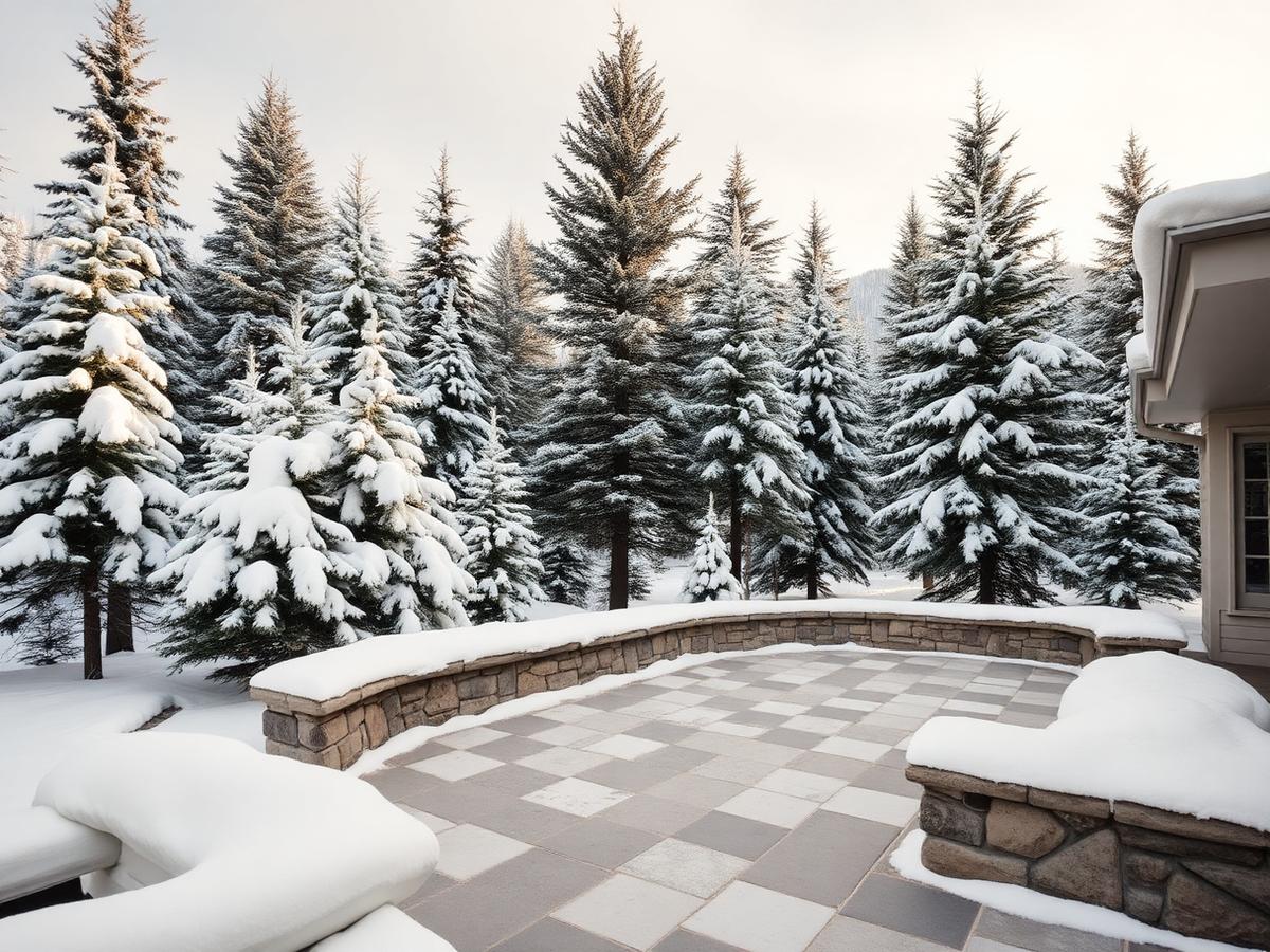 Cleared stone patio surrounded by snow-covered pines
