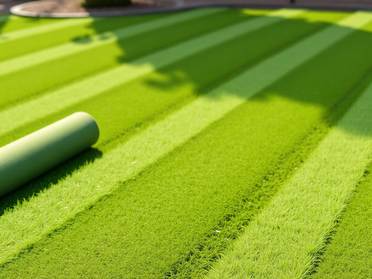Fresh sod rolls laid in neat rows