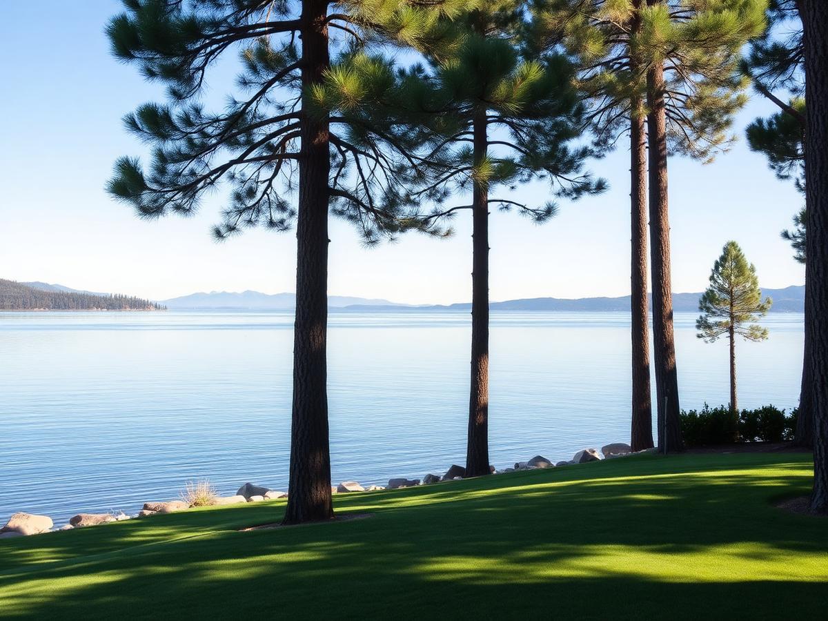 Manicured lawn meeting the Lake Tahoe shoreline